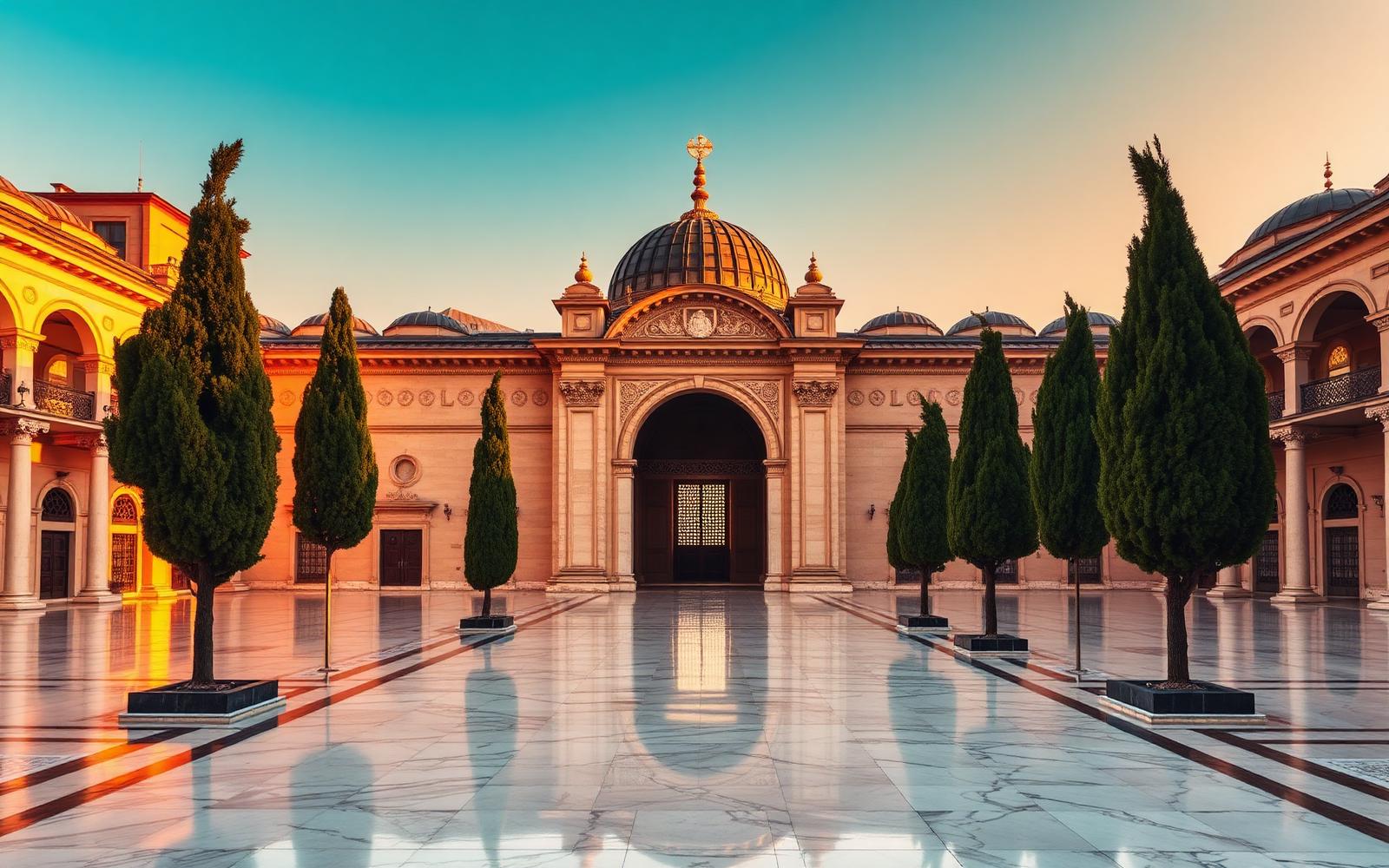 Topkapı Palace at golden hour with Ottoman domes, marble courtyard and cypress trees